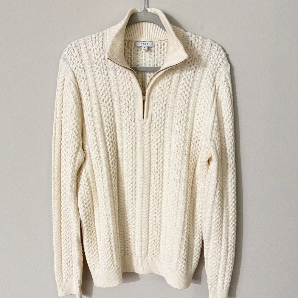 Reiss Bantham Men Med Off-White Cable Knit 1/4 Zip Sweater Wool Blend in Ecru